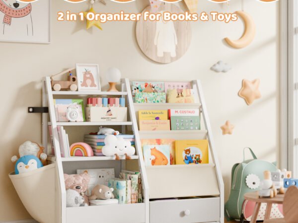 2-1 Kids Wooden Bookcase with Fabric Drawer, Double Side Children Bookshelf Toy Storage Organizer for Playroom Bedroom