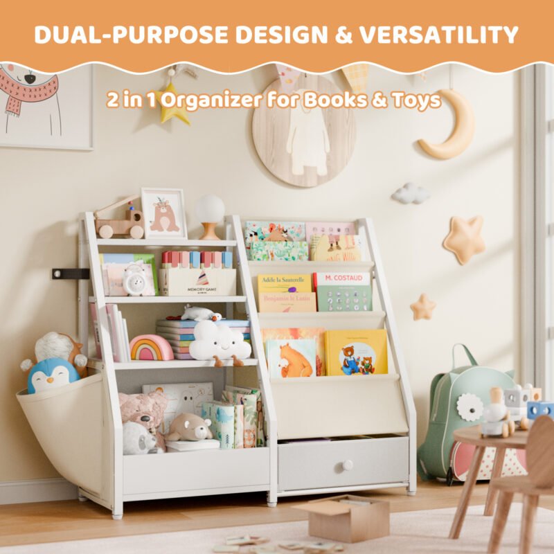 Kids Wooden Bookcase with Fabric Drawer, Double Side Children Bookshelf Toy Storage Organizer for Playroom Bedroom
