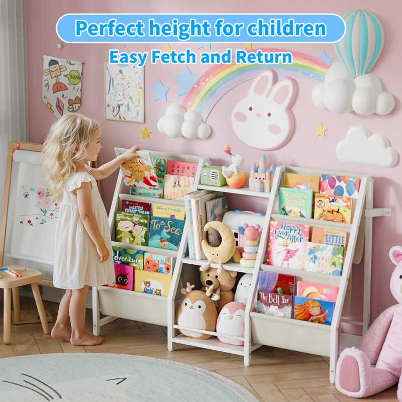 3-2 3-Bay Kids Book Storage Rack, Multi-Shelf Children Bookcase with Fabric Pocket for Playroom Nursery Bedroom