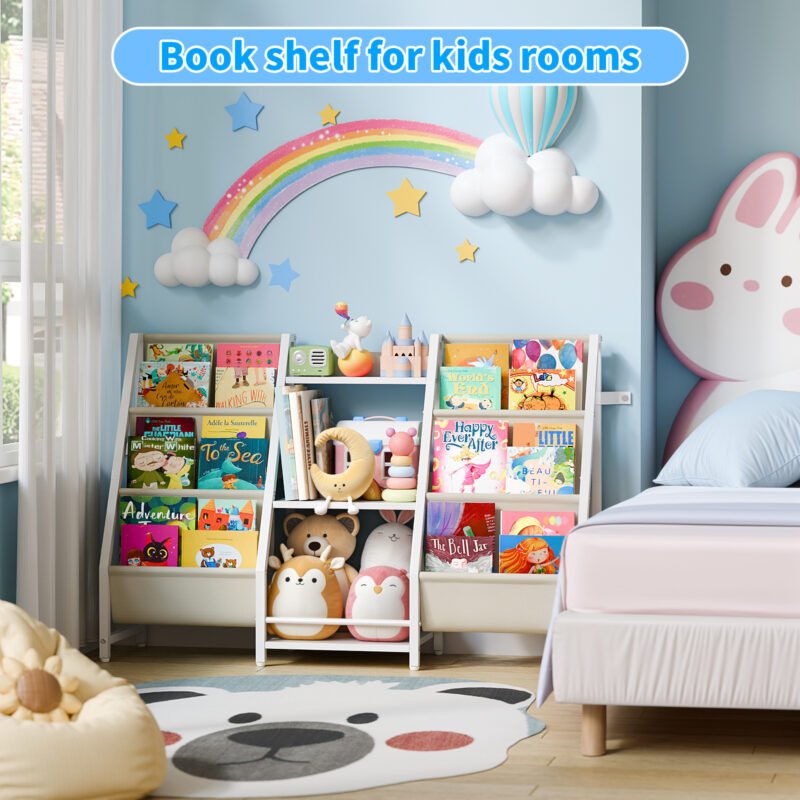 4 3-Bay Kids Book Storage Rack, Multi-Shelf Children Bookcase with Fabric Pocket for Playroom Nursery Bedroom