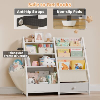 Kids Wooden Bookcase with Fabric Drawer, Double Side Children Bookshelf Toy Storage Organizer for Playroom Bedroom