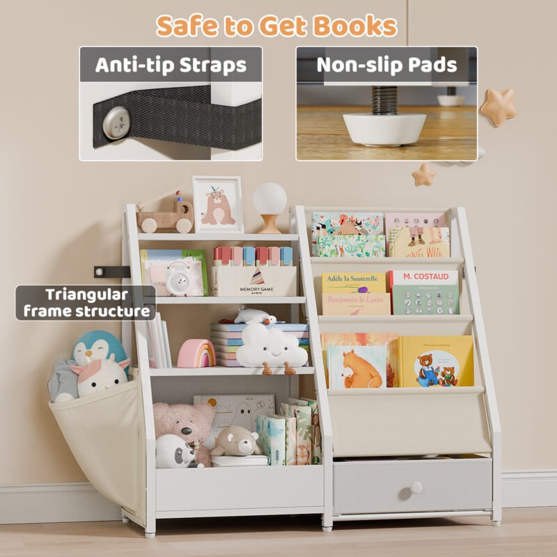 Kids Wooden Bookcase with Fabric Drawer, Double Side Children Bookshelf Toy Storage Organizer for Playroom Bedroom