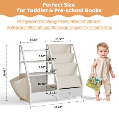 Kids Wooden Bookcase with Fabric Drawer, Double Side Children Bookshelf Toy Storage Organizer for Playroom Bedroom
