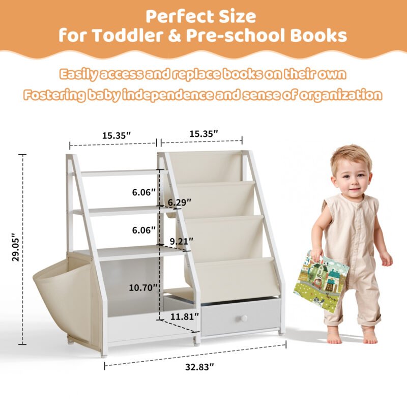 Kids Wooden Bookcase with Fabric Drawer, Double Side Children Bookshelf Toy Storage Organizer for Playroom Bedroom