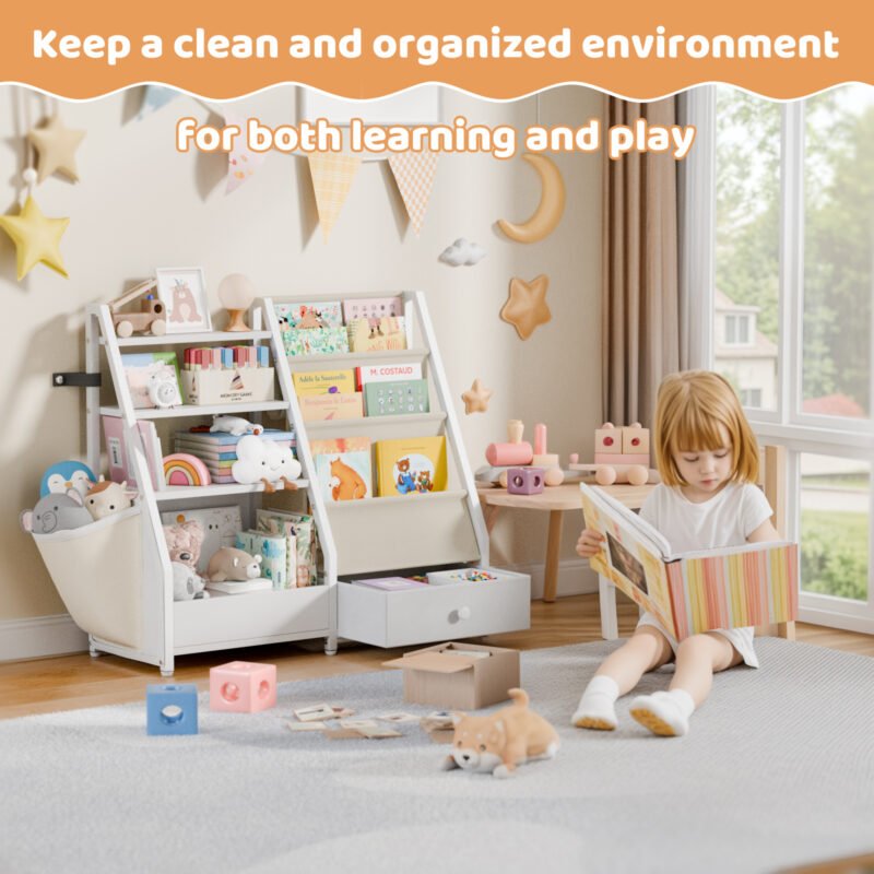 Kids Wooden Bookcase with Fabric Drawer, Double Side Children Bookshelf Toy Storage Organizer for Playroom Bedroom