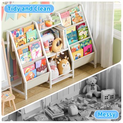 6 3-Bay Kids Book Storage Rack, Multi-Shelf Children Bookcase with Fabric Pocket for Playroom Nursery Bedroom
