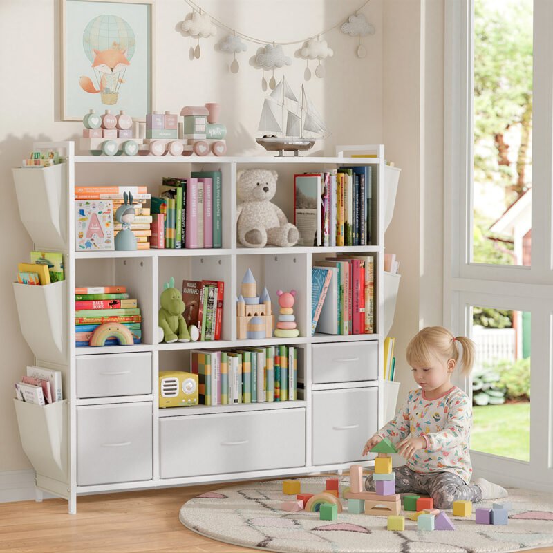 6 Children Open Cubby Bookcase with Side Book Pockets