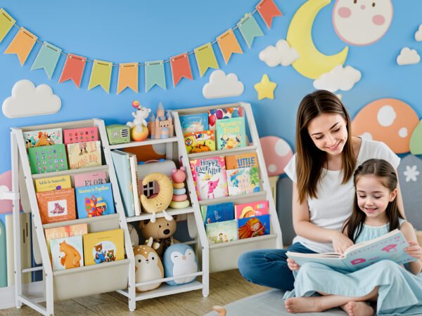 3-Bay Kids Book Storage Rack, Multi-Shelf Children Bookcase with Fabric Pocket for Playroom Nursery Bedroom