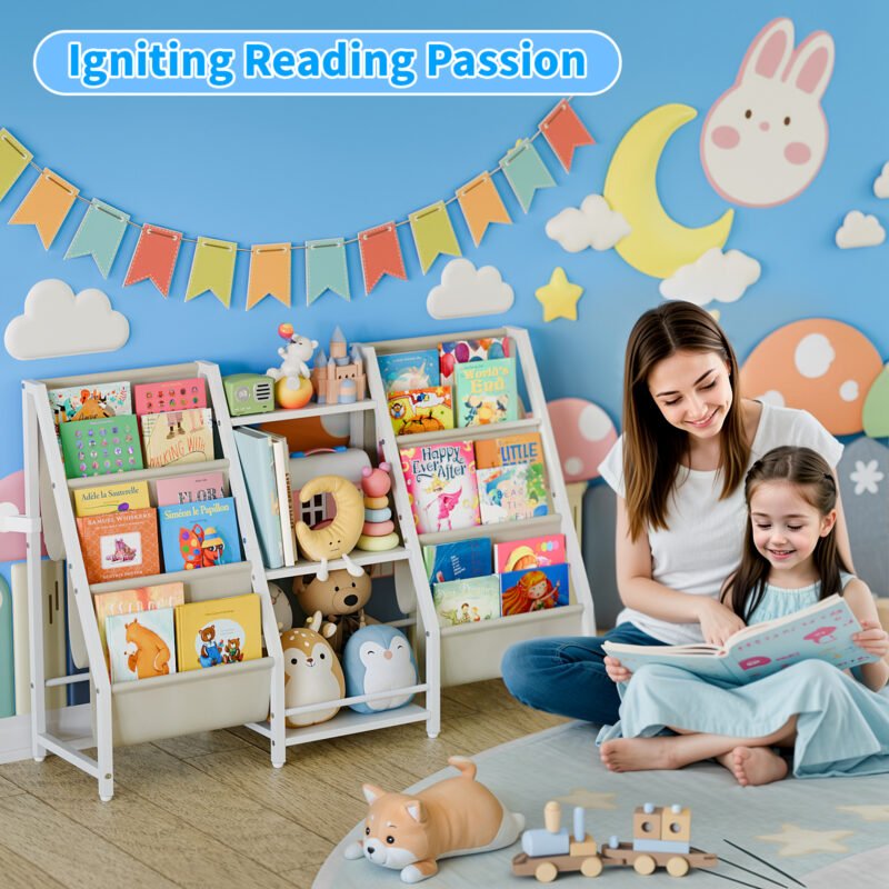 7 3-Bay Kids Book Storage Rack, Multi-Shelf Children Bookcase with Fabric Pocket for Playroom Nursery Bedroom