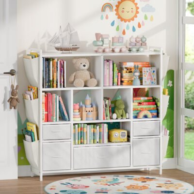 9 Children Open Cubby Bookcase with Side Book Pockets