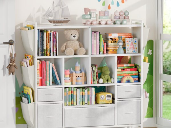 Children Open Cubby Bookcase with Side Book Pockets