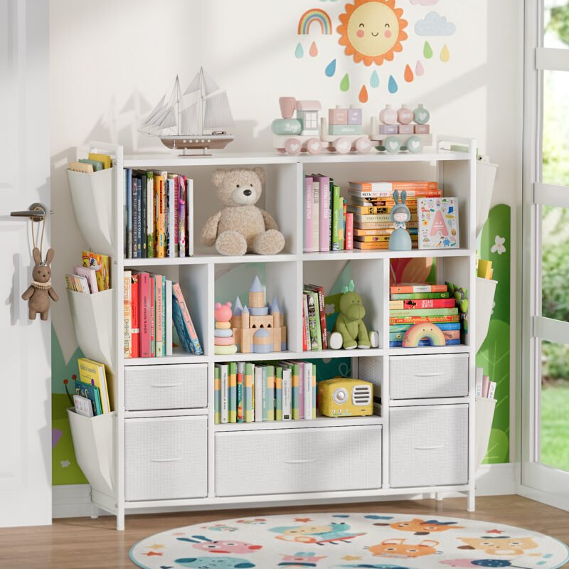 9 Children Open Cubby Bookcase with Side Book Pockets